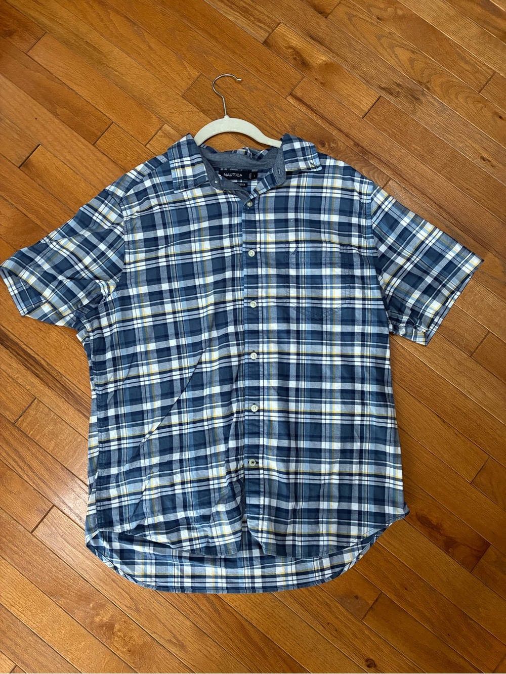 Nautica Blue and White Plaid Short-Sleeve Button-Down Shirt
